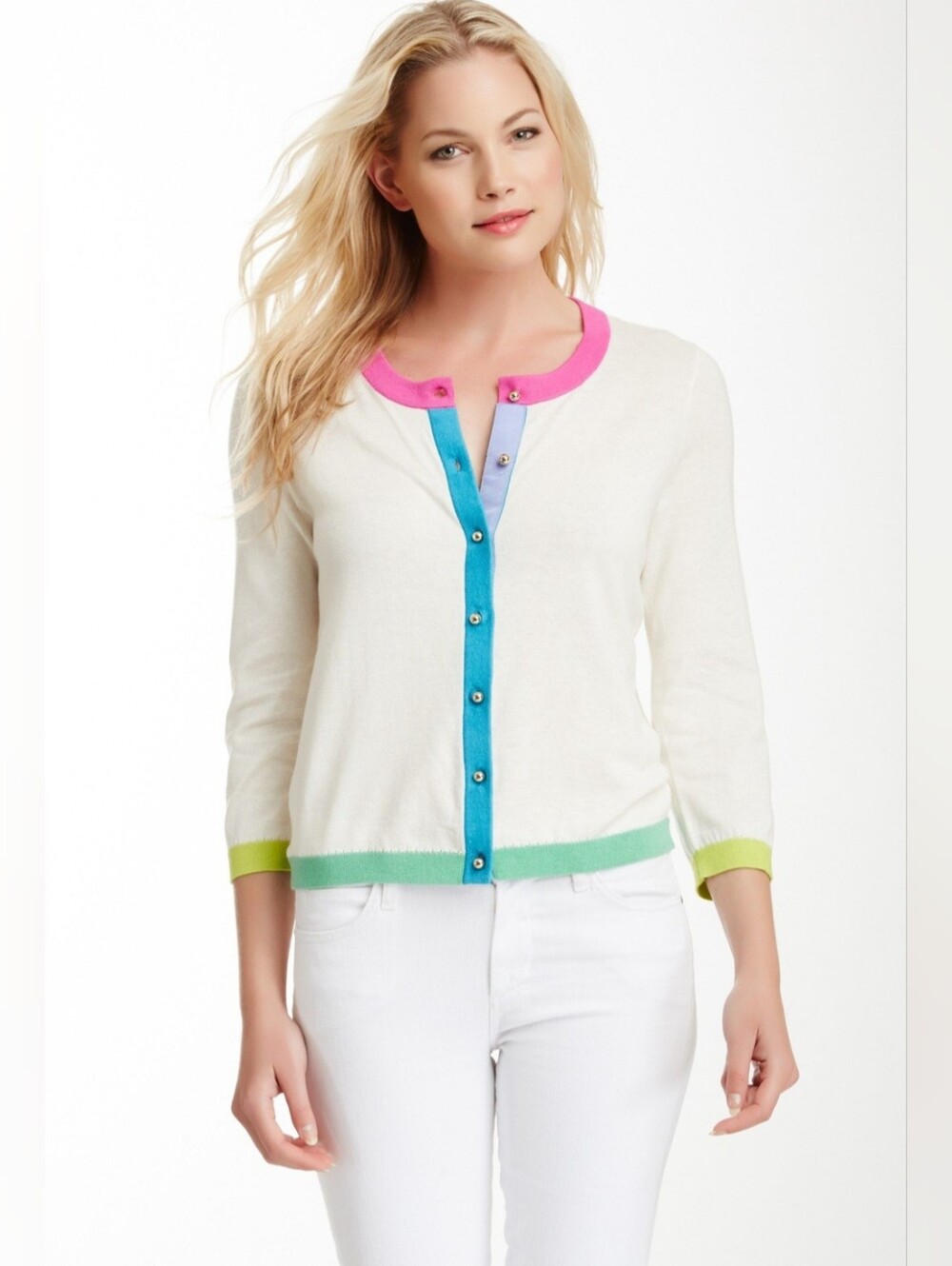 kate spade Cream Cardigan with Pink Collar and Teal Placket Size M-L Cotton Silk
